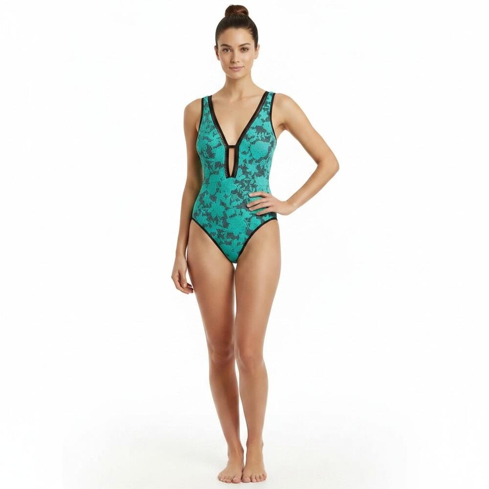 Nanette Lepore Green Floral Jacquard Deep V-neck One Piece Swimsuit, XS SRP:$172